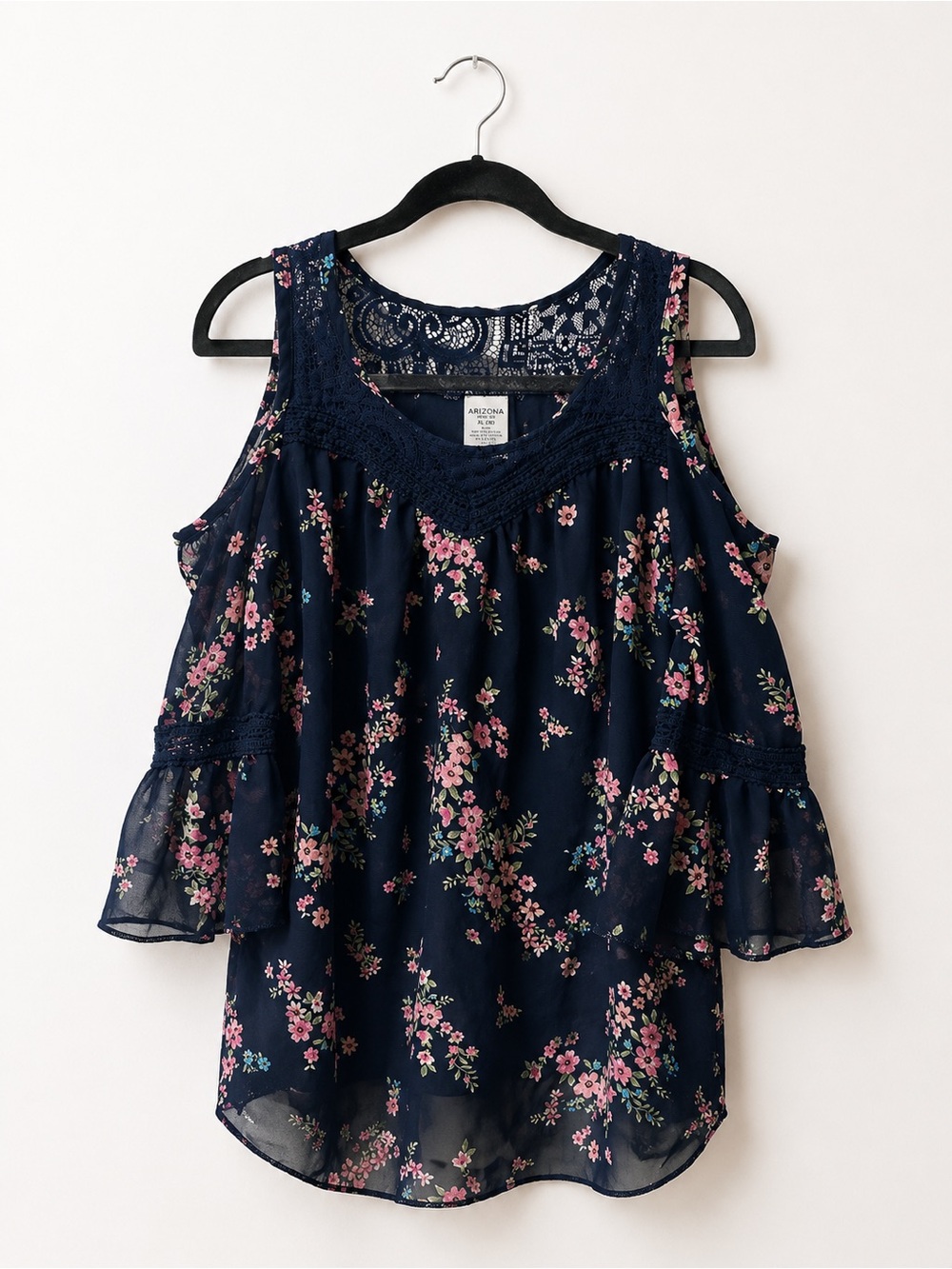 Arizona Jean Company Navy Floral Lace-Trim Cold-Shoulder Camisole